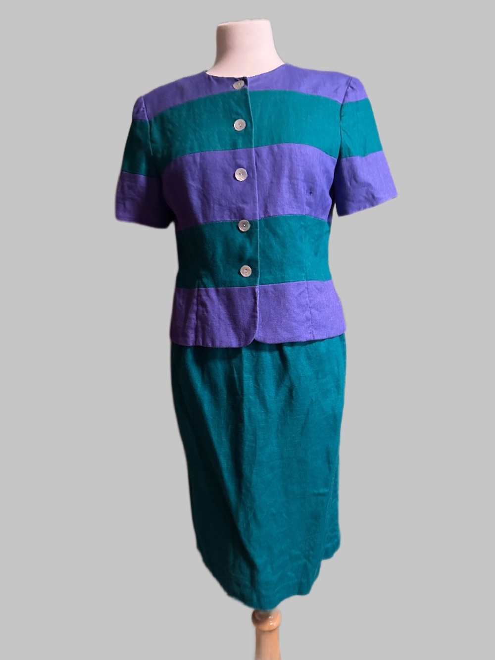 VTG Maggy London Petites 100% Linen Colorblock Striped Skirt Suit Set Size 8